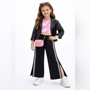 Girls' Black Wide-Leg Track Pants with Side Stripe